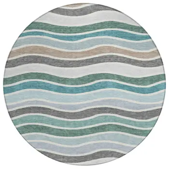 8' Teal Blue Khaki And Ivory Round Striped Washable Indoor Outdoor Area Rug