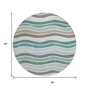 8' Teal Blue Khaki And Ivory Round Striped Washable Indoor Outdoor Area Rug