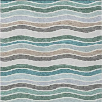 8' X 10' Teal Blue Khaki And Ivory Striped Washable Indoor Outdoor Area Rug