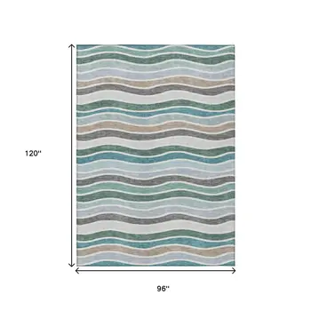 8' X 10' Teal Blue Khaki And Ivory Striped Washable Indoor Outdoor Area Rug