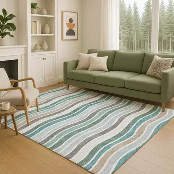 8' X 10' Teal Blue Khaki And Ivory Striped Washable Indoor Outdoor Area Rug