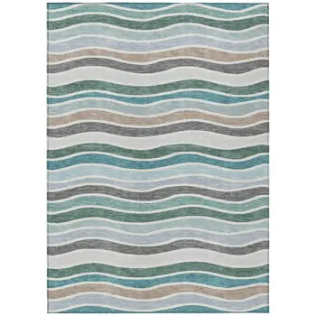 9' X 12' Teal Blue Khaki And Ivory Striped Washable Indoor Outdoor Area Rug