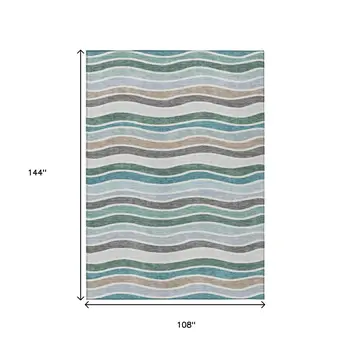 9' X 12' Teal Blue Khaki And Ivory Striped Washable Indoor Outdoor Area Rug