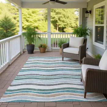 9' X 12' Teal Blue Khaki And Ivory Striped Washable Indoor Outdoor Area Rug