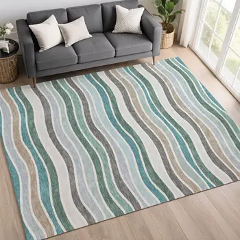 10' X 14' Teal Blue Khaki And Ivory Striped Washable Indoor Outdoor Area Rug