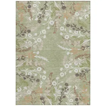 3' X 5' Artichoke Green Wheat And Ivory Floral Washable Indoor Outdoor Area Rug