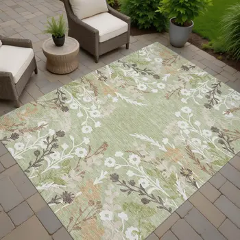 5' X 8' Artichoke Green Wheat And Ivory Floral Washable Indoor Outdoor Area Rug