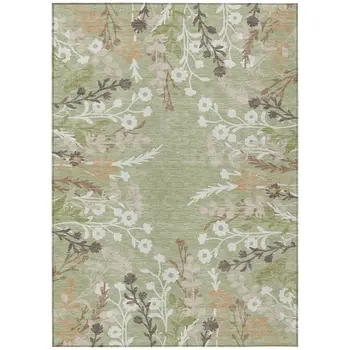 5' X 8' Artichoke Green Wheat And Ivory Floral Washable Indoor Outdoor Area Rug