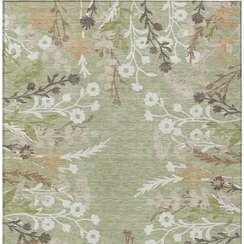 5' X 8' Artichoke Green Wheat And Ivory Floral Washable Indoor Outdoor Area Rug