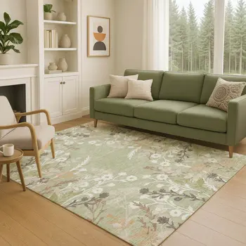 5' X 8' Artichoke Green Wheat And Ivory Floral Washable Indoor Outdoor Area Rug