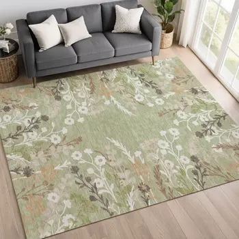5' X 8' Artichoke Green Wheat And Ivory Floral Washable Indoor Outdoor Area Rug