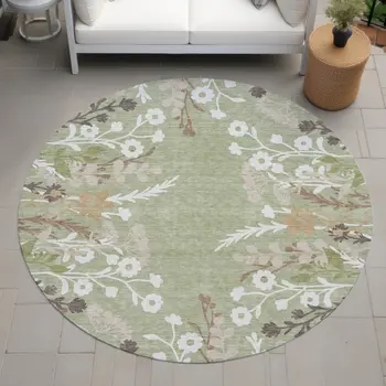 8' Artichoke Green Wheat And Ivory Round Floral Washable Indoor Outdoor Area Rug