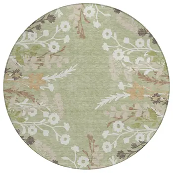 8' Artichoke Green Wheat And Ivory Round Floral Washable Indoor Outdoor Area Rug