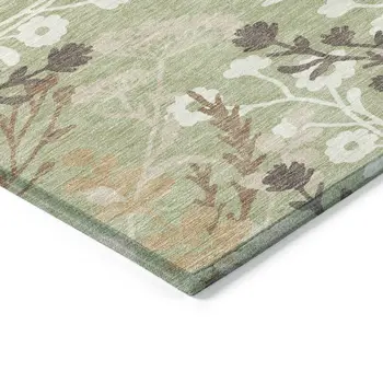 8' Artichoke Green Wheat And Ivory Round Floral Washable Indoor Outdoor Area Rug