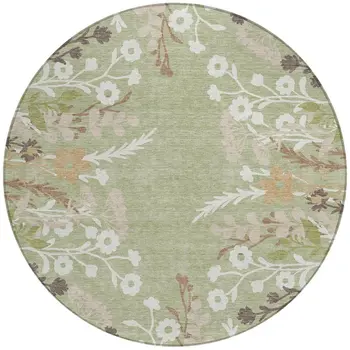 8' Artichoke Green Wheat And Ivory Round Floral Washable Indoor Outdoor Area Rug