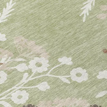 8' Artichoke Green Wheat And Ivory Round Floral Washable Indoor Outdoor Area Rug