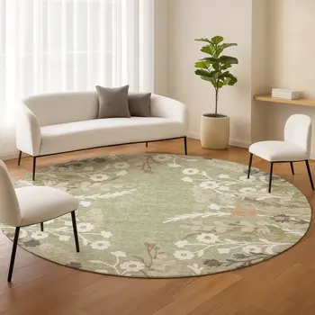 8' Artichoke Green Wheat And Ivory Round Floral Washable Indoor Outdoor Area Rug