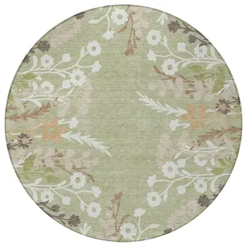 8' Artichoke Green Wheat And Ivory Round Floral Washable Indoor Outdoor Area Rug