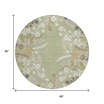 8' Artichoke Green Wheat And Ivory Round Floral Washable Indoor Outdoor Area Rug