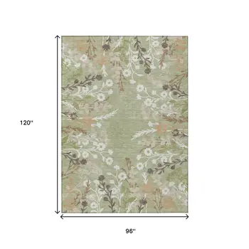 8' X 10' Artichoke Green Wheat And Ivory Floral Washable Indoor Outdoor Area Rug