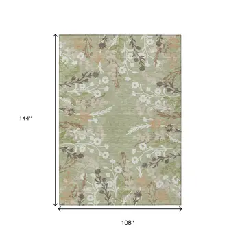 9' X 12' Artichoke Green Wheat And Ivory Floral Washable Indoor Outdoor Area Rug