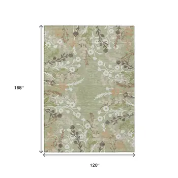 10' X 14' Artichoke Green Wheat And Ivory Floral Washable Indoor Outdoor Area Rug