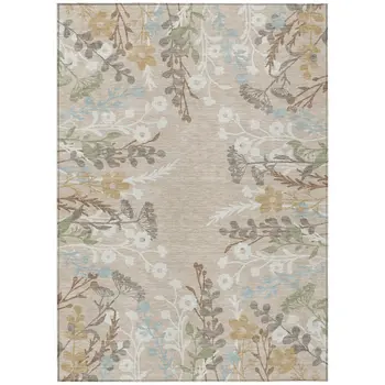 3' X 5' Beige Ivory And Blue Floral Washable Indoor Outdoor Area Rug