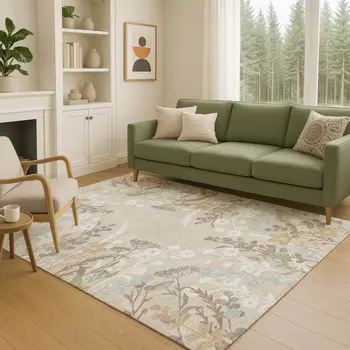 3' X 5' Beige Ivory And Blue Floral Washable Indoor Outdoor Area Rug