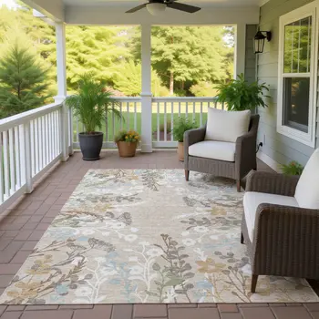 3' X 5' Beige Ivory And Blue Floral Washable Indoor Outdoor Area Rug