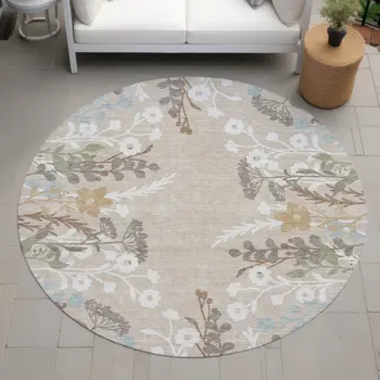 8' Beige Ivory And Blue Round Floral Washable Indoor Outdoor Area Rug
