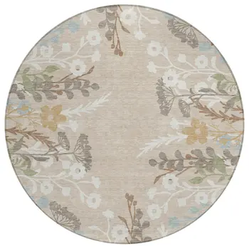 8' Beige Ivory And Blue Round Floral Washable Indoor Outdoor Area Rug