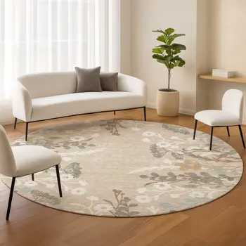 8' Beige Ivory And Blue Round Floral Washable Indoor Outdoor Area Rug