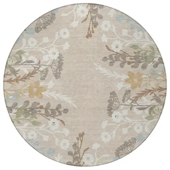 8' Beige Ivory And Blue Round Floral Washable Indoor Outdoor Area Rug