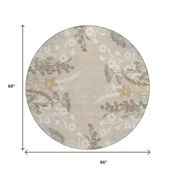 8' Beige Ivory And Blue Round Floral Washable Indoor Outdoor Area Rug
