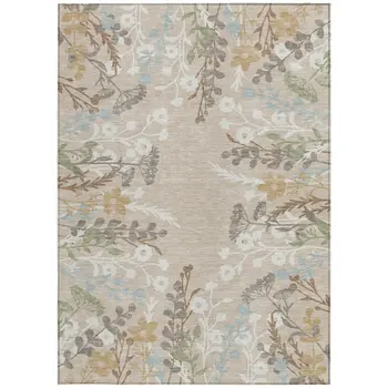 10' X 14' Beige Ivory And Blue Floral Washable Indoor Outdoor Area Rug