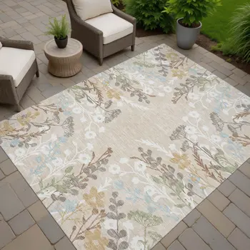 10' X 14' Beige Ivory And Blue Floral Washable Indoor Outdoor Area Rug
