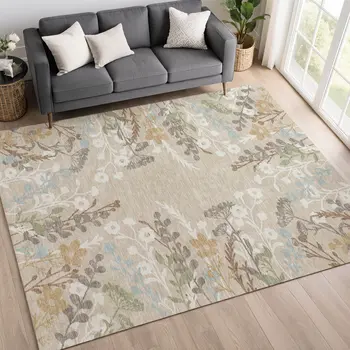 10' X 14' Beige Ivory And Blue Floral Washable Indoor Outdoor Area Rug