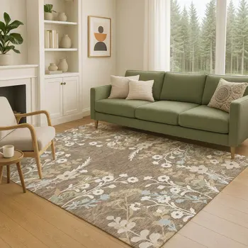 3' X 5' Chocolate Ivory And Blue Floral Washable Indoor Outdoor Area Rug