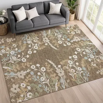 3' X 5' Chocolate Ivory And Blue Floral Washable Indoor Outdoor Area Rug