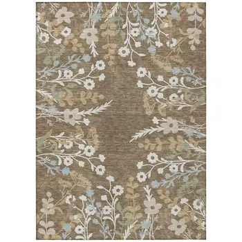 5' X 8' Chocolate Ivory And Blue Floral Washable Indoor Outdoor Area Rug
