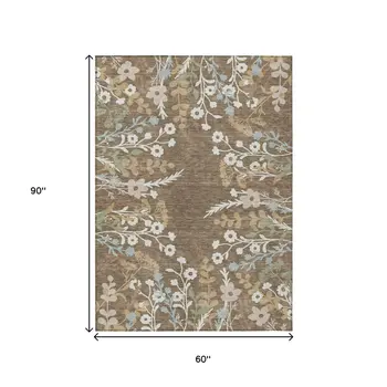 5' X 8' Chocolate Ivory And Blue Floral Washable Indoor Outdoor Area Rug