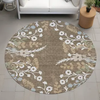 8' Chocolate Ivory And Blue Round Floral Washable Indoor Outdoor Area Rug