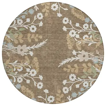 8' Chocolate Ivory And Blue Round Floral Washable Indoor Outdoor Area Rug