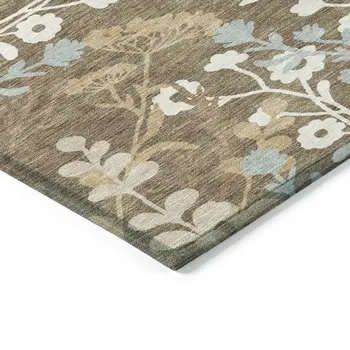 8' Chocolate Ivory And Blue Round Floral Washable Indoor Outdoor Area Rug