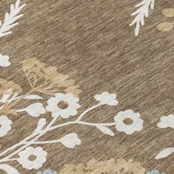 8' Chocolate Ivory And Blue Round Floral Washable Indoor Outdoor Area Rug