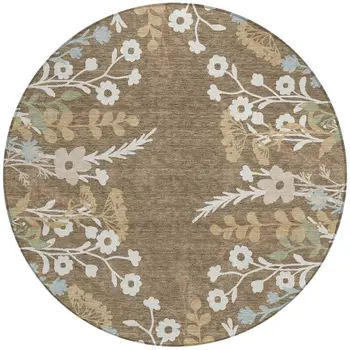 8' Chocolate Ivory And Blue Round Floral Washable Indoor Outdoor Area Rug