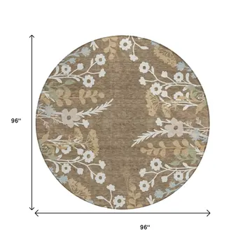 8' Chocolate Ivory And Blue Round Floral Washable Indoor Outdoor Area Rug