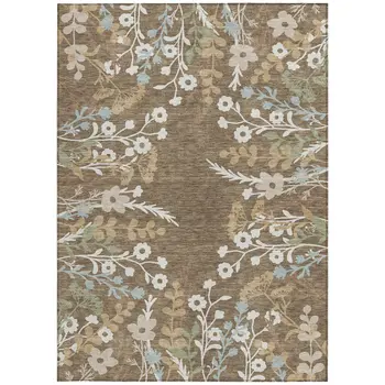8' X 10' Chocolate Ivory And Blue Floral Washable Indoor Outdoor Area Rug