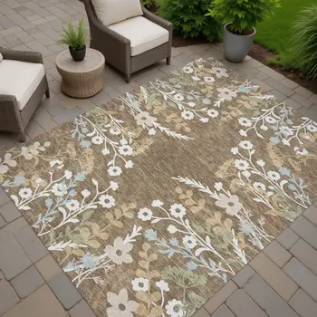 8' X 10' Chocolate Ivory And Blue Floral Washable Indoor Outdoor Area Rug