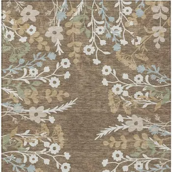 8' X 10' Chocolate Ivory And Blue Floral Washable Indoor Outdoor Area Rug